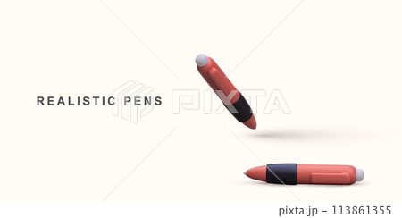 3d realistic red pens on white background. Vector illustration. 3d realistic red pens on white background. Vector illustration. 113861355