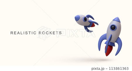 3d realistic two blue rockets on white background. Vector illustration. 113861363