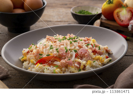 Thai Fried Rice with Fermented Pork ,Kao Pad Nham on a plate.asian food Thai Fried Rice with Fermented Pork ,Kao Pad Nham on a plate.asian food 113861471