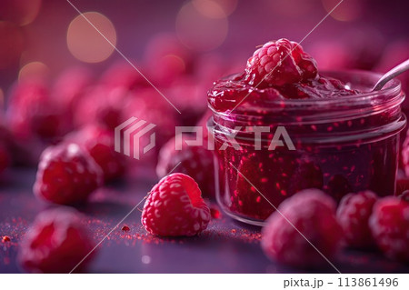 Raspberry jam. Spoon scooping homemade raspberry jam from a glass jar surrounded by fresh raspberries 113861496