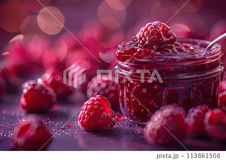 Raspberry jam. Spoon scooping homemade raspberry jam from a glass jar surrounded by fresh raspberries 113861508