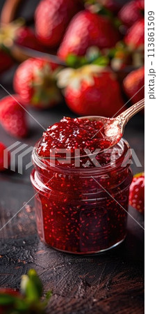 Strawberry jam. Spoon scooping homemade strawberry jam from a glass jar surrounded by fresh strawberries. Strawberry jam. Spoon scooping homemade strawberry jam from a glass jar surrounded by fresh strawberries. 113861509