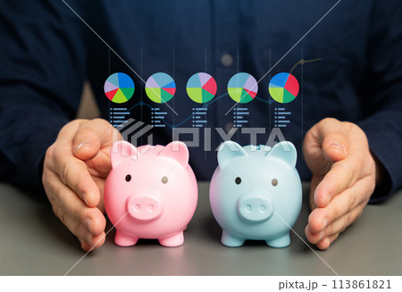 A study of consumer preferences of different genders in the banking and financial sector. Piggy bank in the hands of a businessman and information graphics. Financial goals, trust levels. Deposits 113861821