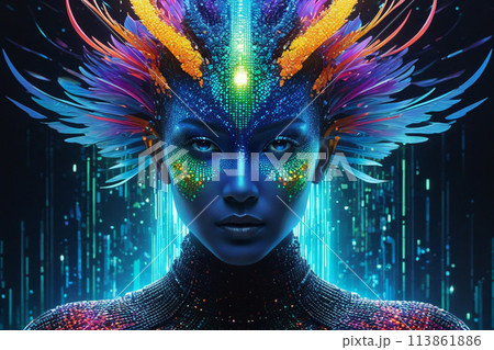 Sparkling otherworldly digital avatar pulsates with energy and light 113861886