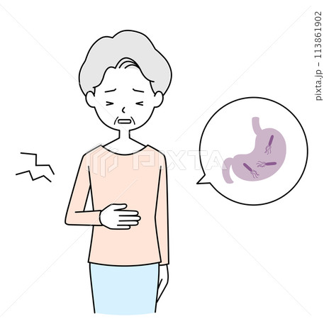 ピロリ菌 胃が痛いシニア女性のイラスト ピロリ菌 胃が痛いシニア女性のイラスト 113861902