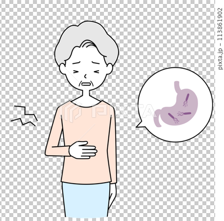 Helicobacter pylori Illustration of a senior woman with a stomach ache Helicobacter pylori Illustration of a senior woman with a stomach ache 113861902