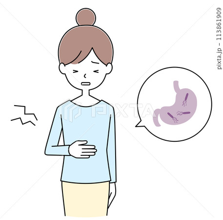 ピロリ菌　胃が痛い若い女性のイラスト 113861909