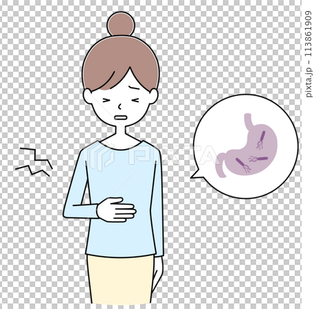 ピロリ菌　胃が痛い若い女性のイラスト 113861909