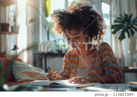 happy dark-skinned woman drawing with pencils in colouring book 113861984