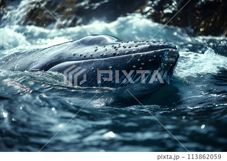 whale jumping out of the water in the ocean whale jumping out of the water in the ocean 113862059