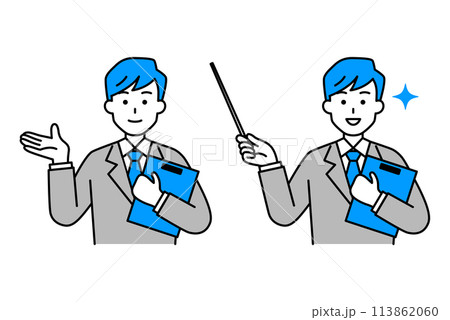 クリップボードを持って説明するスーツの男性　セット 113862060