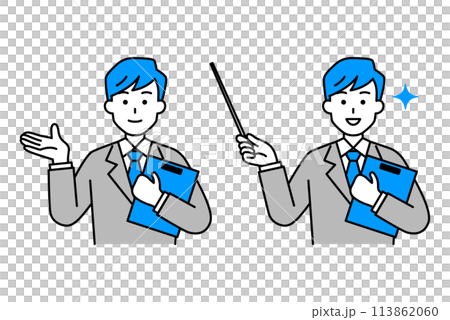 クリップボードを持って説明するスーツの男性　セット 113862060