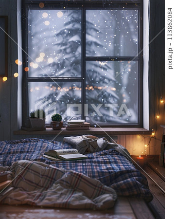 Cozy bedroom with window, snow falling outside, books, comfy bed and plaid 113862084