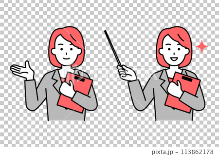 A woman in a suit holding a clipboard and explaining A woman in a suit holding a clipboard and explaining 113862178