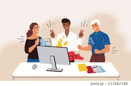 Team work. Business teamwork. Colleagues communication. People working together in office. Success person group at computer. Workers cooperation. Corporate staff. Vector cartoon characters 113862190