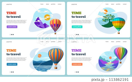Hot air balloon. Travel time landing page. Adventure journey. Nature landscape. Website design template. Aerial transportation. Ballooning flight. Summer tourism. Vector backgrounds set 113862191