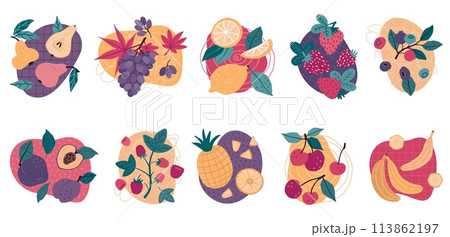 Abstract fruits. Raspberry and cherry berry, banana and pear, modern dessert with bilberry plant, summer grape and watermelon. Sweet tropical food. Label design. Vector cartoon flat set Abstract fruits. Raspberry and cherry berry, banana and pear, modern dessert with bilberry plant, summer grape and watermelon. Sweet tropical food. Label design. Vector cartoon flat set 113862197