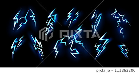Thunder effect. Blue energy light, flash bolt power or 3d crack spark element, storm thunderbolt. High voltage glowing icon trendy logo design element. Vector illustration background Thunder effect. Blue energy light, flash bolt power or 3d crack spark element, storm thunderbolt. High voltage glowing icon trendy logo design element. Vector illustration background 113862200