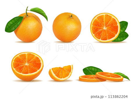 Orange slices. Fruit citrus half cut and whole, front and side view of vitamin food with green leaves. Ripe fresh mandarin for juice packaging label. Realistic isolated vector 3d set 113862204