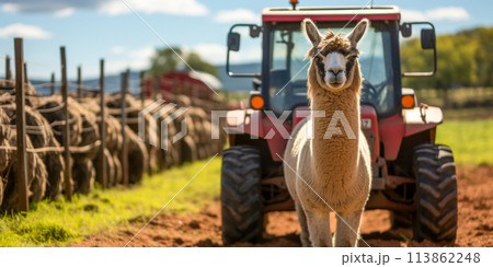 Smiling Llama in Front of Red Tractor on Sunny Farm Day AI-generated item Smiling Llama in Front of Red Tractor on Sunny Farm Day AI-generated item 113862248