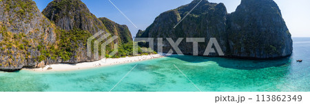 Aerial view of Maya bay beach in koh Phi Phi Leh, Krabi, Thailand 113862349