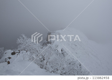 長野県茅野市の厳冬期の東天狗岳の渋ノ湯ルート(中山峠~東天狗)の石と雪景色 長野県茅野市の厳冬期の東天狗岳の渋ノ湯ルート(中山峠~東天狗)の石と雪景色 113862458