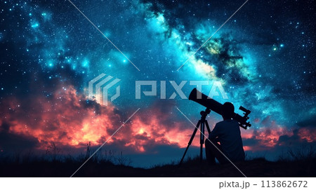 guy looking through a big telescope 113862672