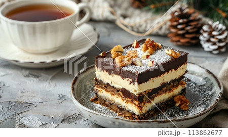 Decadent Nanaimo Bars: Canadian Cuisine on plate on gray background with cup of tea 113862677