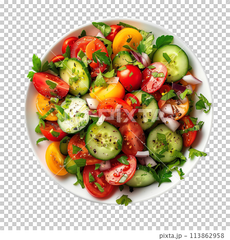 Green salad with fresh vegetables isolated, top view. 113862958