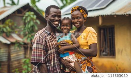 An African family lives in a house equipped with solar panels. 113863089