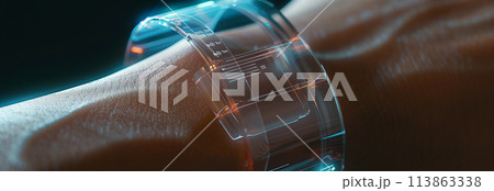 A futuristic translucent watch worn on the wrist. 113863338