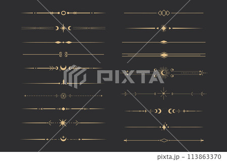 Golden divider celestial border with stars moon and sun thin line elegant simple decoration, mystic tarot separator, minimalist magic gold design element on dark background Golden divider celestial border with stars moon and sun thin line elegant simple decoration, mystic tarot separator, minimalist magic gold design element on dark background 113863370