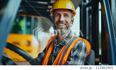 A Caucasian male employee is driving a forklift in a factory. 113863405