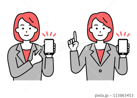 スマートフォンを持って説明するスーツの女性 セット スマートフォンを持って説明するスーツの女性 セット 113863453