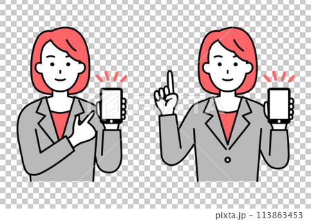 スマートフォンを持って説明するスーツの女性 セット スマートフォンを持って説明するスーツの女性 セット 113863453