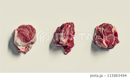 Set of various types of beef They are arranged on a white background. 113863494