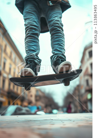 Close-up of hoverboard, hoverboard rider's legs, floating in the air in the city, future of air vehicles. 113863495