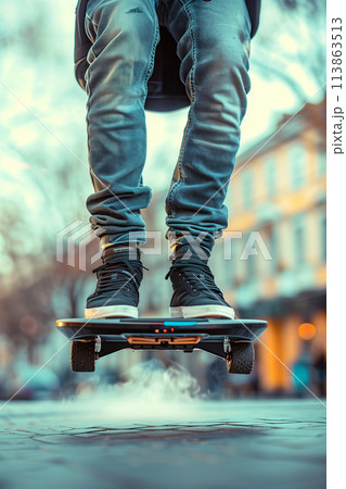 Close-up of hoverboard, hoverboard rider's legs, floating in the air in the city, future of air vehicles. 113863513