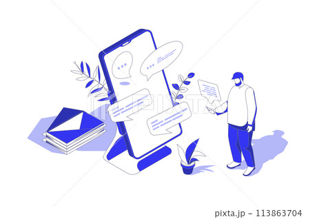 Messaging service 3d isometric concept in isometry graphic design for web. People scene with man using app for sending and receiving emails and messages, corresponds online. Vector illustration. Messaging service 3d isometric concept in isometry graphic design for web. People scene with man using app for sending and receiving emails and messages, corresponds online. Vector illustration. 113863704