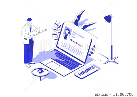 HR process 3d isometric concept in isometry graphic design for web. People scene with manager searching best candidates with online cv, make job offer and interviewing to staff. Vector illustration. HR process 3d isometric concept in isometry graphic design for web. People scene with manager searching best candidates with online cv, make job offer and interviewing to staff. Vector illustration. 113863706