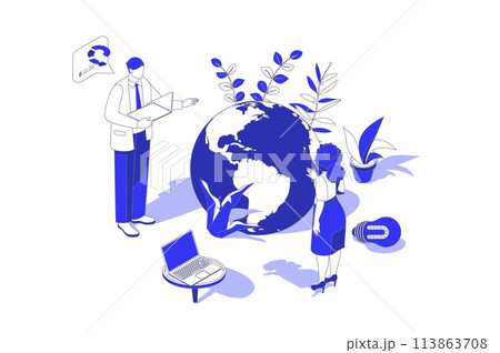 Global business 3d isometric concept in isometry graphic design for web. People scene with colleagues team developing international company with remote workers and freelancers. Vector illustration. Global business 3d isometric concept in isometry graphic design for web. People scene with colleagues team developing international company with remote workers and freelancers. Vector illustration. 113863708