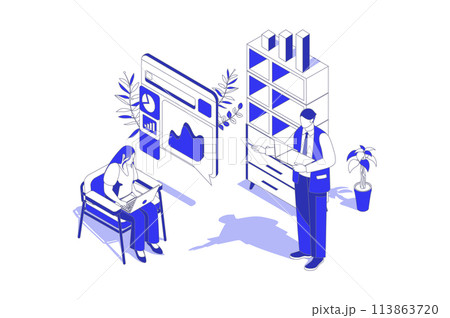 Business statistic 3d isometric concept in isometry graphic design for web. People scene with colleagues work with data charts and graphs, calculating and make financial report. Vector illustration. Business statistic 3d isometric concept in isometry graphic design for web. People scene with colleagues work with data charts and graphs, calculating and make financial report. Vector illustration. 113863720