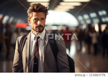 business traveler man with luggage waiting in the station hall 113863776