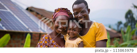 An African family lives in a house equipped with solar panels. 113863979