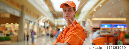 Caucasian male cleaning worker Working in a department store. 113863980