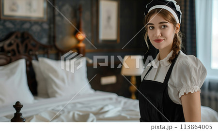 The Caucasian housekeeper is confident in cleaning the hotel rooms. 113864005
