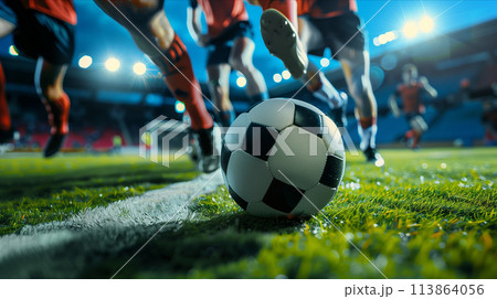 close up of soccer ball on soccer field. 113864056