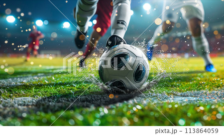 close up of soccer ball on soccer field. 113864059