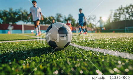close up of soccer ball on soccer field. 113864060