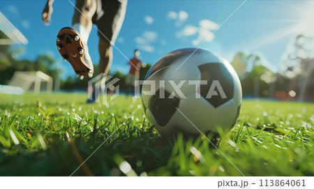 close up of soccer ball on soccer field. 113864061